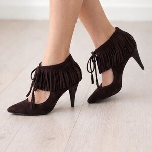 Calvin Klein Pixy Fringe Brown Leather Suede Heels Size 8
